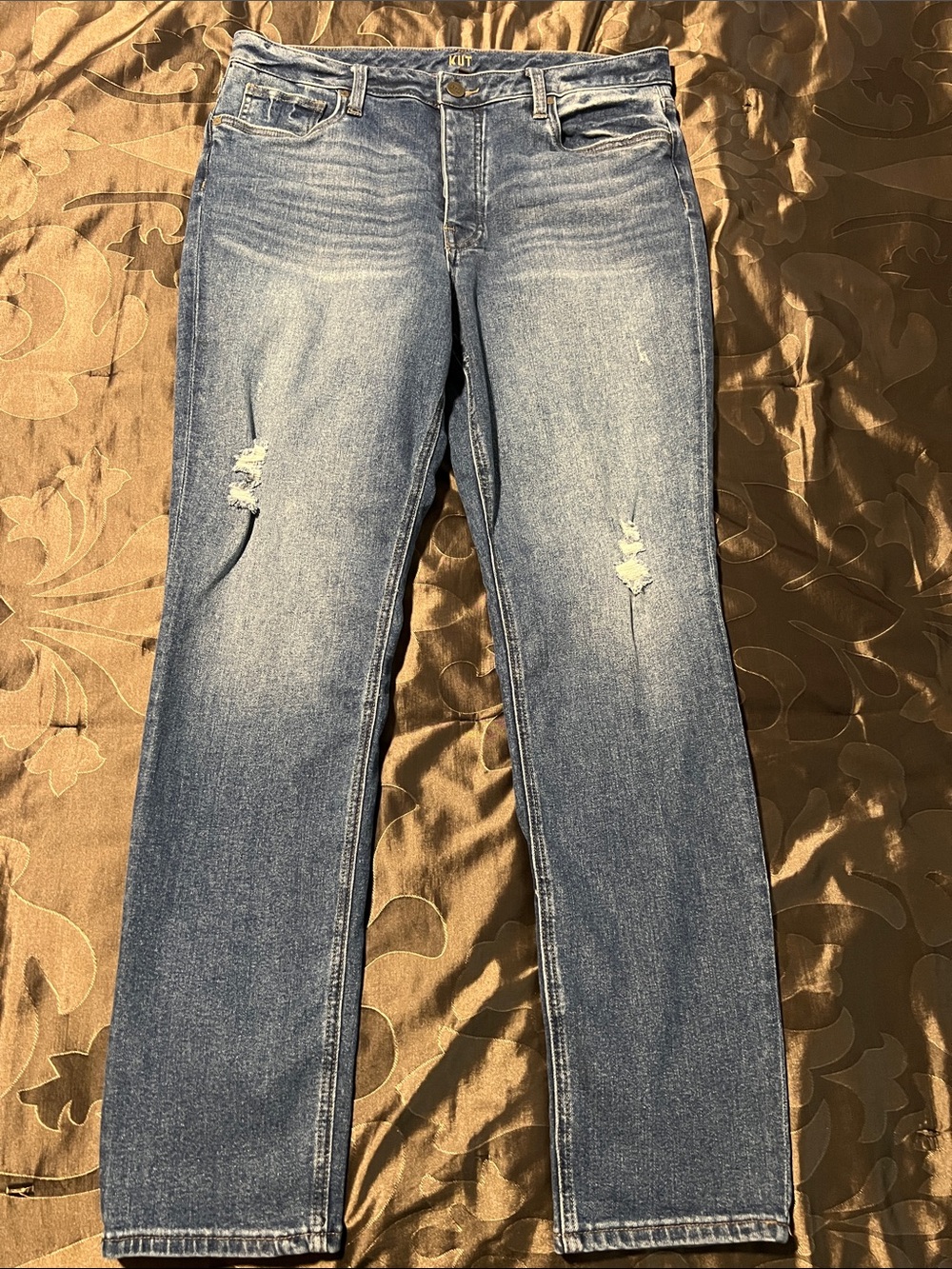 Kut from the Kloth Slouchy Boyfriend Med Blue Distressed Straight-Leg Jeans 12